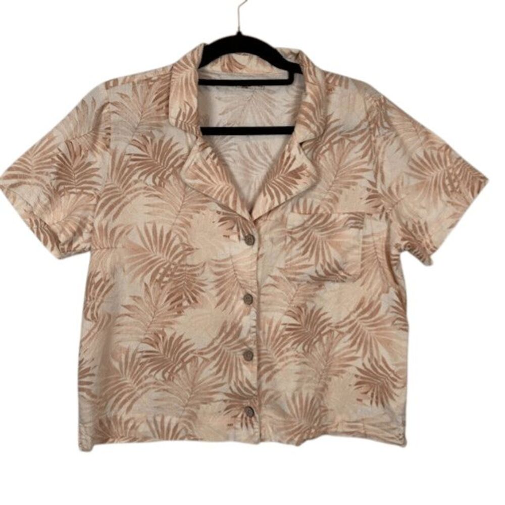 Faherty Linen‎ Paradise Cove Palm Print Camp Collar shirt Tan Cream Size Medium